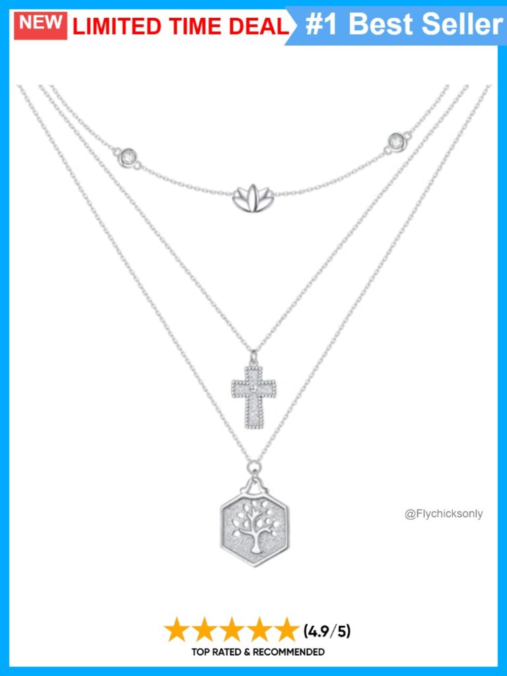 925 Sterling Silver Cross Tree of Life Lotus Triple Layered Necklace